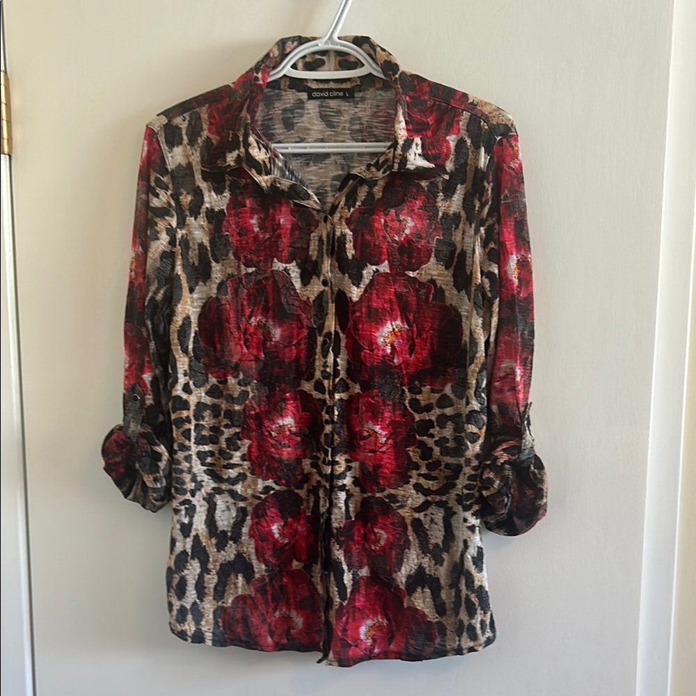 David Cline Women's Red Leopard Print Top with red flowers button down